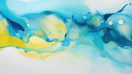 Mesmerizing fluid painting swirls in aqua blues and yellows, capturing the essence of movement and expression in abstract art.