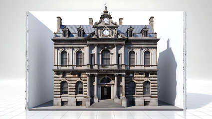 A highly detailed 3D illustration of the front facade of a historic old town hall building