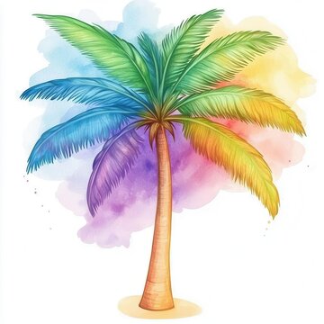 colorful watercolor palm tree on white clip art preview