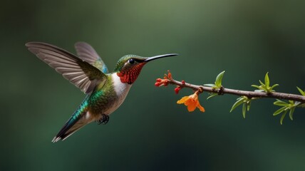 Fototapeta premium Ruby-throated hummingbird in flight approaching orange flower.