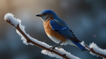 Here's a caption and keywords for your stock photo.. Vibrant male bluebird perched on a frosty winter branch at sunrise.