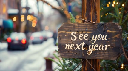 Wooden sign "See you next year" on a street background.