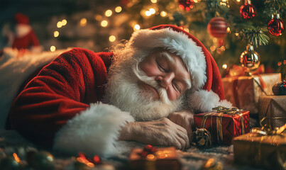 Santa sleeps near a glowing Christmas tree. Wrapped presents surround him. Festive ornaments hang on branches. Warm lights shimmer softly. A serene and cozy holiday moment full of charm