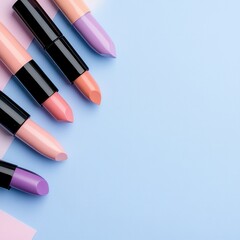 Obraz premium Elegant Flat Lay of Assorted Lipsticks in Playful Colors on a Soft Blue Background for Beauty and Makeup Inspiration