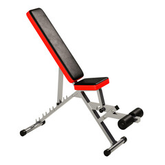 A red and black bench with a black leather cushion