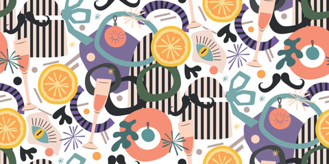 New Year pattern in collage stile with abstract elements and Gift boxes, snowflakes, eyes, a glass of wine and orange. Pink, orange, black, Blue. For wrapping paper, postcards, wallpaper, wrapping.