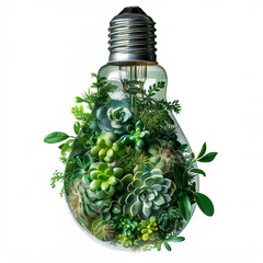 Light bulb filled with greenery and succulents, creating nature-inspired pendant light, isolated on white background.