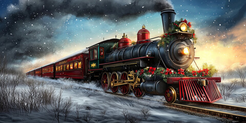 A festively decorated steam train chugs through a snowy landscape..