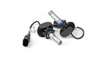 Light bulbs for car lamps. Automotive part in Silvery metallic and black color with wires and connecting elements