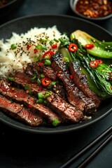 Succulent Grilled Steak with Sautéed Greens and Fragrant Rice Garnished with Sliced Chili and Fresh Herbs on a Rustic Black Plate
