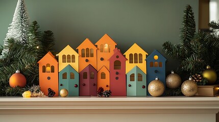 Vibrant advent calendar with open windows styled with bright festive decor placed near a cozy holiday mantle