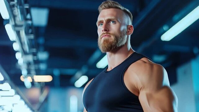 A well built bearded guy focuses on his workout in a bright gym environment with advanced fitness equipment around him