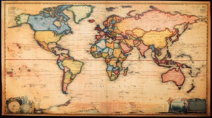 Naklejka premium Historical world map art global geography vintage print educational decor wall art antique style for home or office