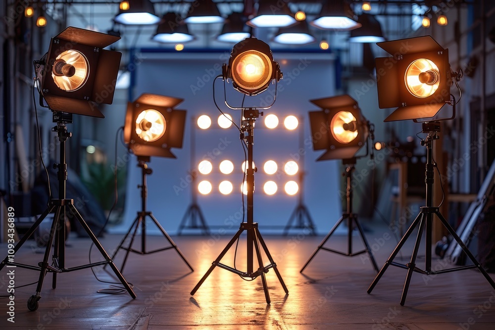 Poster studio lighting setup with multiple lights and tripods