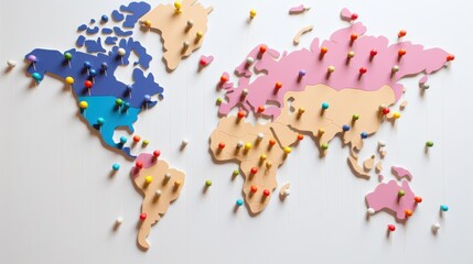 An intricate world map is adorned with colorful pins, highlighting travel destinations and routes.