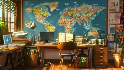 A cozy study space with a world map, desk, books, and a computer, ideal for learning.