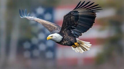 Majestic Bald Eagle in Flight Against American Flag, America, bird, wildlife, patriotism