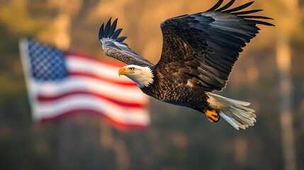 Bald Eagle in Flight with American Flag Background, bird, America, patriotic, wildlife