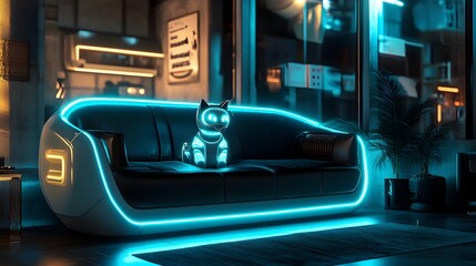 Obraz premium Futuristic cat robot on neon sofa modern living room digital art urban environment night view innovation