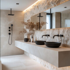 A modern bathroom with sleek matte black taps and fixtures, including a minimalist fauce