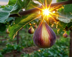 Single ripe fig on a branch glistening in warm sunlight against a blurred green background