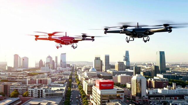 two drones are flying over a city in sunny day