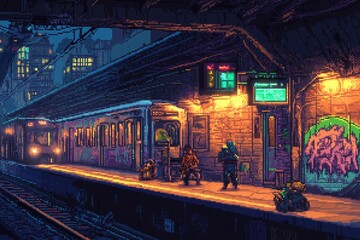 Obraz premium Pixel art subway station noisy with people boarding trains. Graffiti adorns walls. Glowing lights illuminate scene at night. Retro video game style. Characters wait for train. Night scene in urban