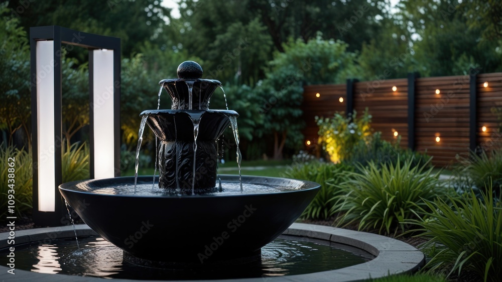 Poster here's a and keyword list for your image.. serene evening garden with tiered fountain and modern lig