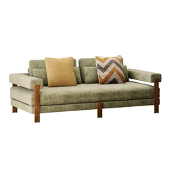 A green couch with pillows and a chevron pillow