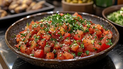 Fototapeta premium A vibrant bowl of fresh salsa, featuring diced tomatoes, herbs, and spices, perfect for dipping or as a topping for various dishes.
