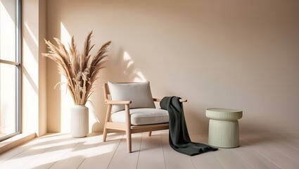 Cozy Minimalist Corner with Wooden Armchair, Pampas Grass, and Natural Light