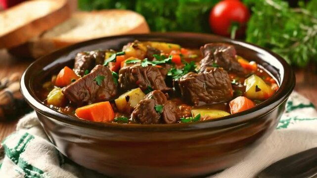 A hearty beef stew with vegetables, garnished with herbs, served in a rustic bowl.
