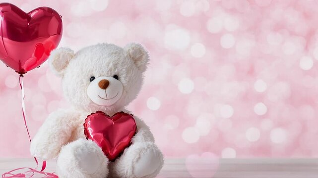 A cuddly teddy bear sits with red heart shaped balloons, bringing joy and warmth to a festive Valentines holiday occasion with a lovely pastel background, empty space