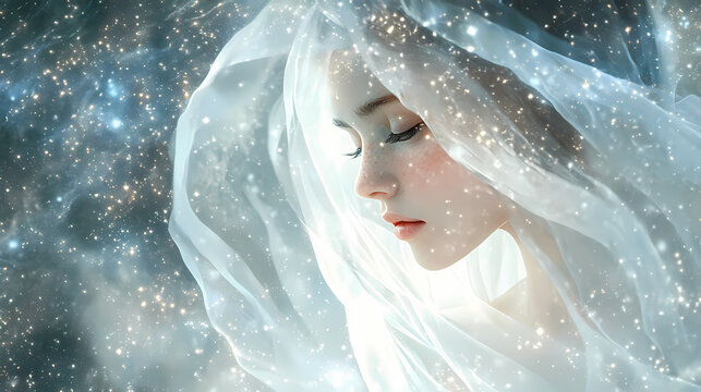 Infuse romantic narratives with a touch of mystery through eye-level perspective. Dreamy Stardust Veil. Illustration