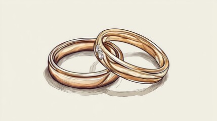 Fototapeta premium A hand-drawn illustration of two gold wedding rings. One ring has a diamond set on the band.