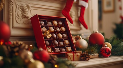 Advent calendar partially opened styled on a mantle with stockings missing chocolates and vibrant festive tones