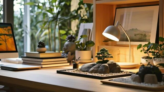 A serene desk setup with plants, books, and a decorative stone arrangement for relaxation.