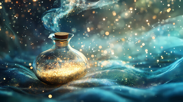 Enchanted elixir under stardust veil. concept fantasy, magic, elixir, stardust, enchantment. Dreamy Stardust Veil. Illustration