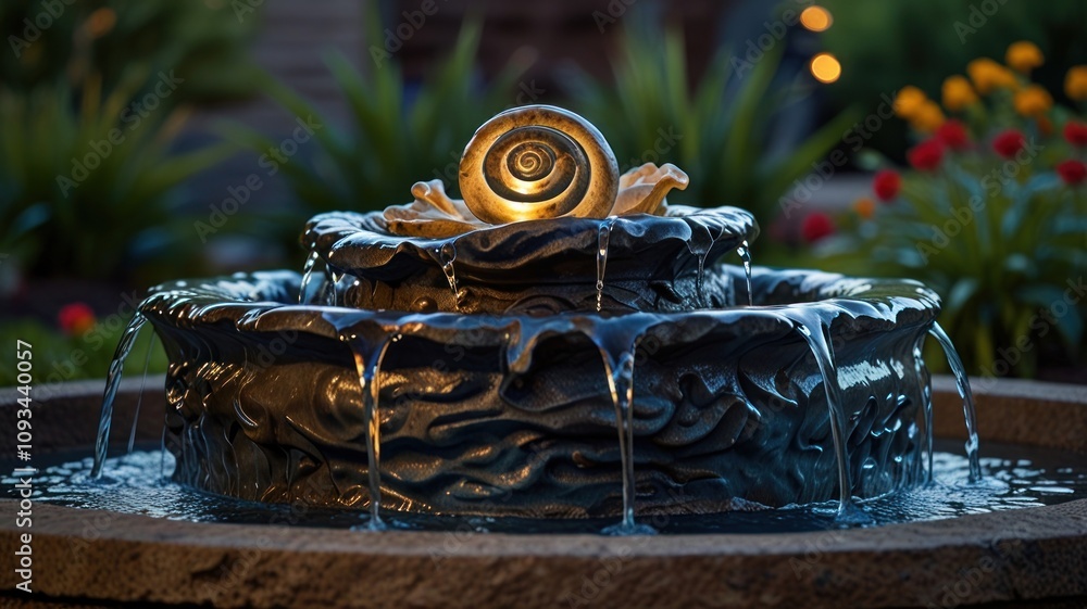 Poster here's a description and keywords for your image.. illuminated snail garden fountain with cascading 
