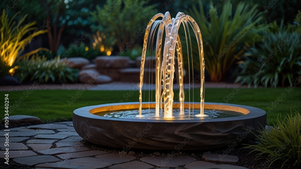 Poster here's a description and keywords for your stock photo.. illuminated modern fountain in a tranquil g