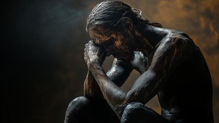 Contemplative Man Covered in Artistic Dark Body Paint