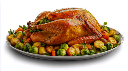 Roasted whole turkey, golden-brown and glistening, placed on a platter surrounded by perfectly roasted vegetables like carrots, Brussels sprouts, and potatoes.