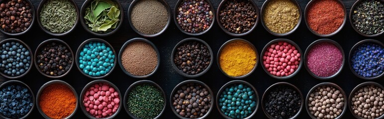 Vibrant Array of Spices and Seasonings in Small Bowls Perfect for Culinary Arts, Cooking, and Food Photography with an Exquisite Rainbow of Colors