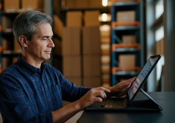Man Working on Laptop in Warehouse