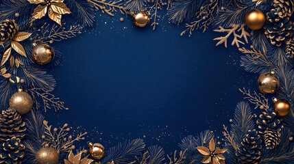 Dark blue background with gold Christmas decorations, including golden ornaments and pine branches framing an empty rectangular space. Perfect for holiday designs and text.