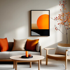 Modern living room design featuring abstract artwork cozy furniture bright colors indoor environment minimalist viewpoint for enhanced aesthetic appeal and comfort