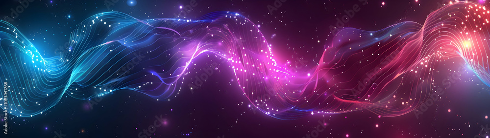 Poster abstract background with neon lines in purple and blue colors, forming an elegant pattern of curves 