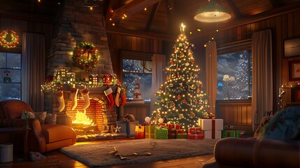 A cozy indoor scene featuring a decorated Christmas tree with gifts wrapped in festive paper beneath it, surrounded by a softly glowing fireplace and warm lighting