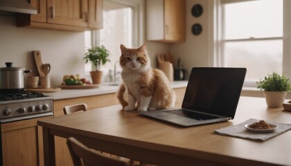 A person works on a laptop in a sunny, cozy kitchen while cooking, with a toddler playing nearby and a cat on the table. The warm, modern home feels cluttered yet inviting and full of life.