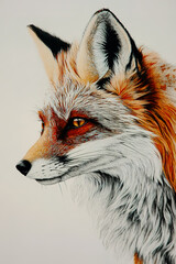 A close-up portrait of a fox against a clean white background.